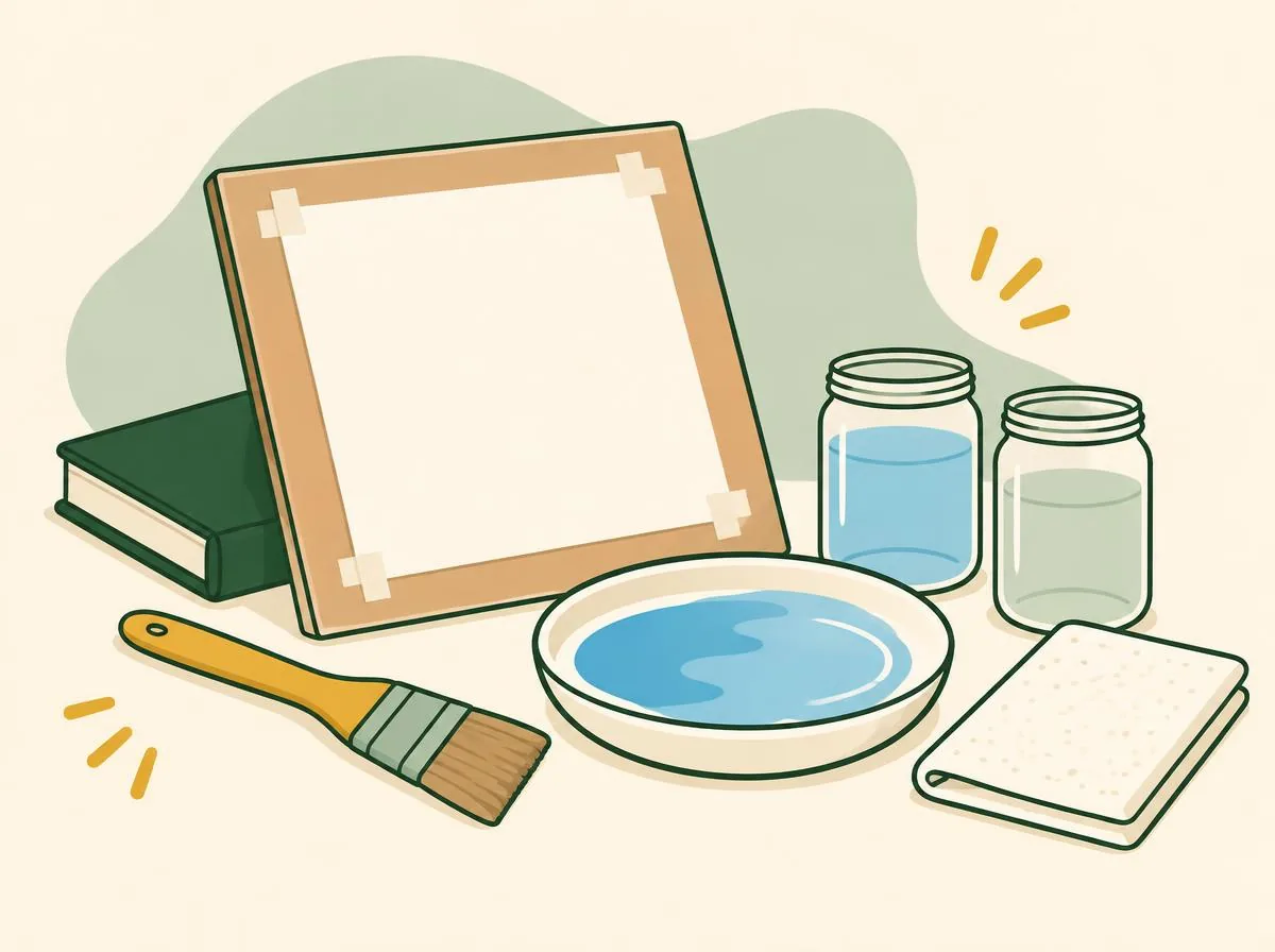 Illustration of a board with paper taped to it, a wide flat brush, a deep mixing dish with a large pool of blue paint, two jars of water, a paper towel and a closed plain binder to prop up the board