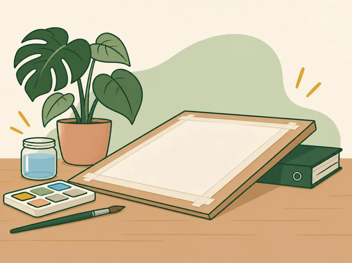 Illustration of a sheet of paper taped along all four edges to a board whose far edge rests on a closed binder, giving a gentle slope towards the painter