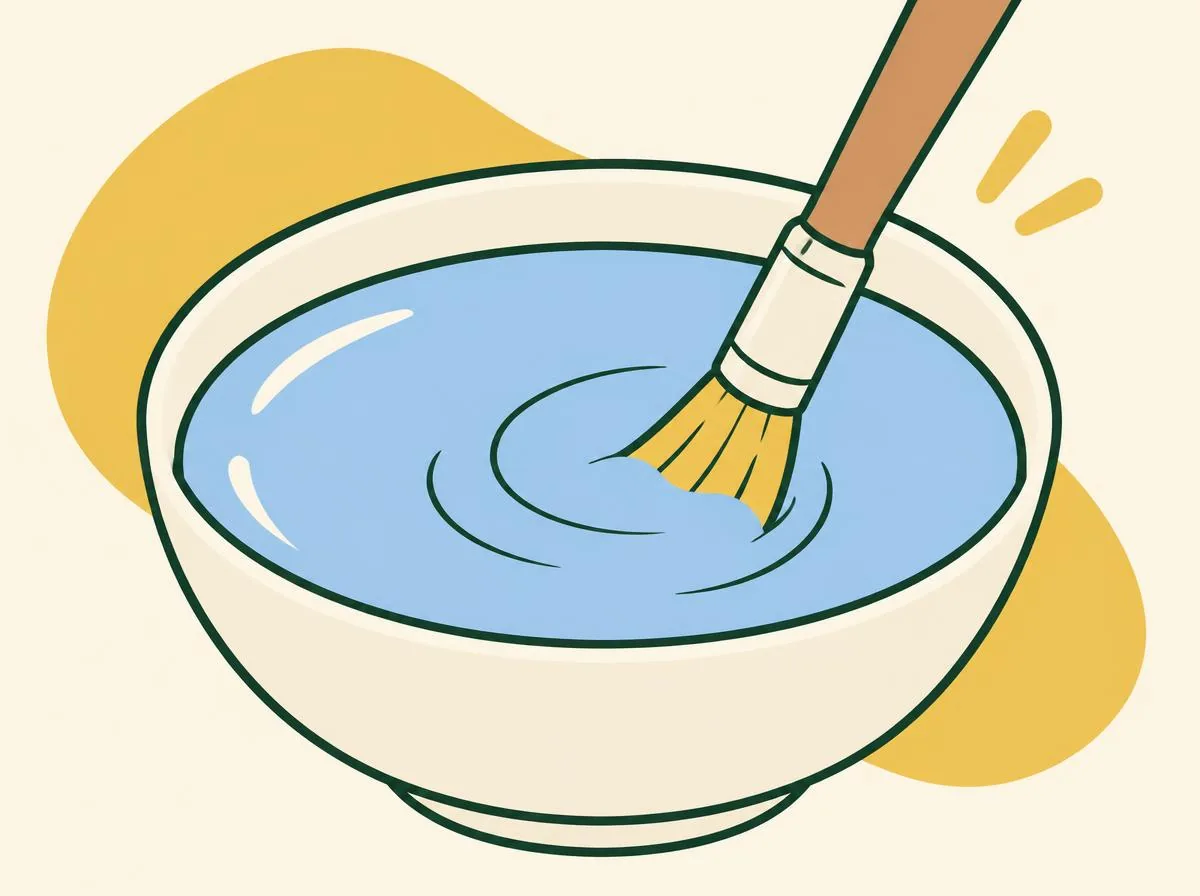 Illustration of a brush stirring a large, deep pool of evenly mixed blue paint in a mixing dish, with no specks of colour visible