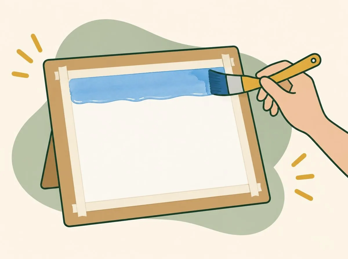 Illustration of a loaded wide brush pulling a single band of blue across the top of the paper from one side to the other, a thin line of wet paint gathered along its lower edge