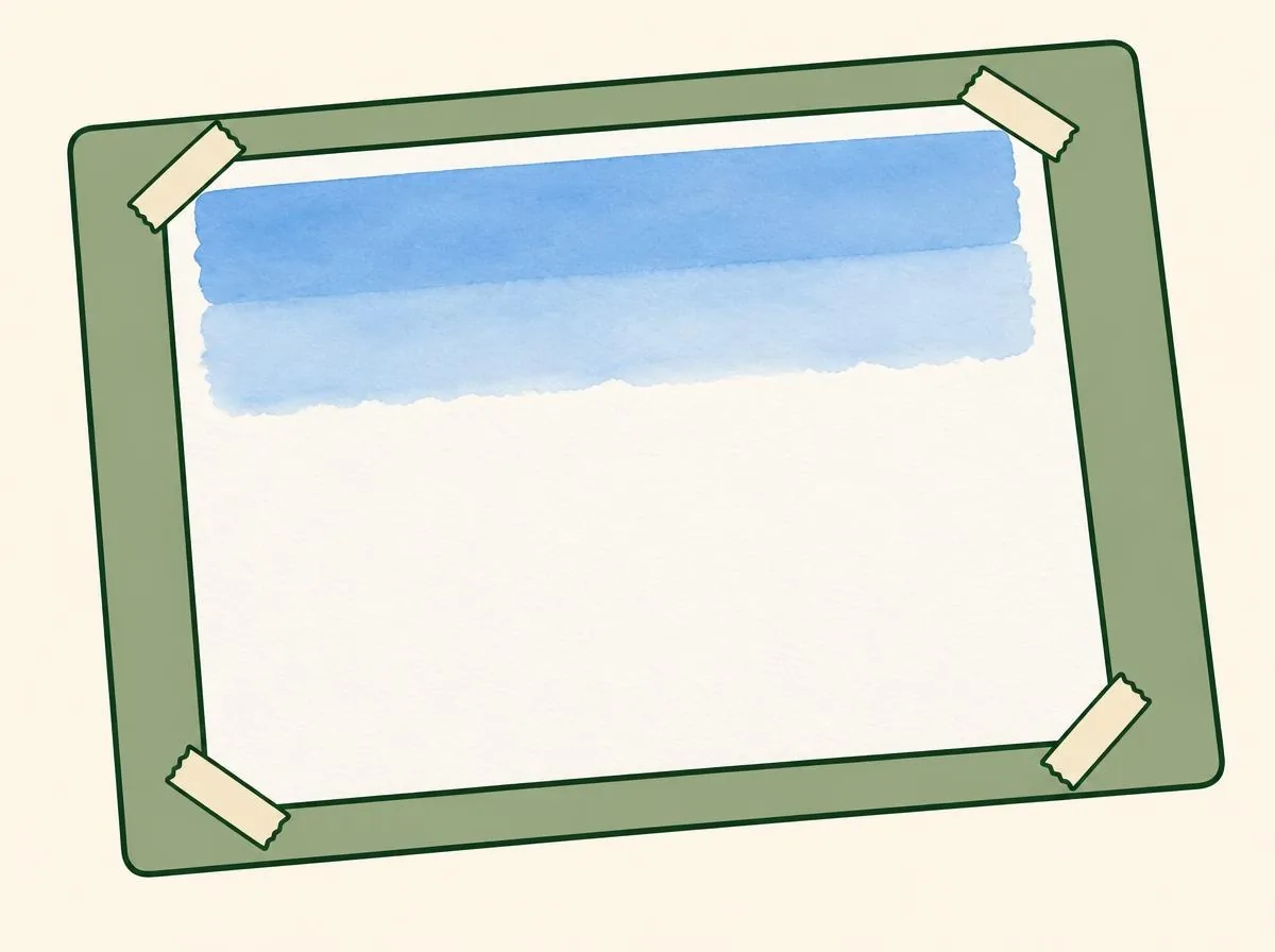 Illustration of a second band of blue being painted just below the first, the brush touching the wet line at the bottom of the first band so the two merge with no gap