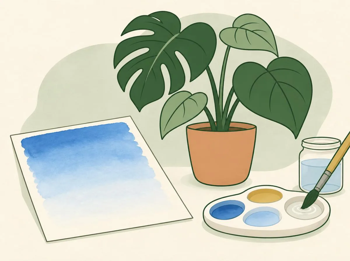 Illustration of a wash on paper fading from strong blue at the top to pale and then white at the bottom, with a brush adding a little clean water to the mixing dish