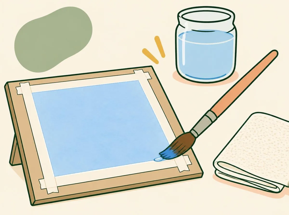 Illustration of a damp, squeezed brush touching the wet line of paint at the bottom of the finished wash and soaking it up, with a folded paper towel beside it