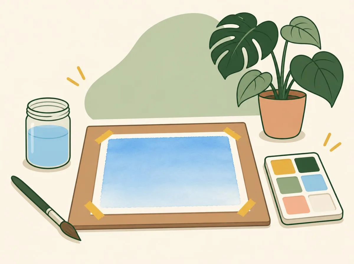 Illustration of the board lying flat on the table with a finished, evenly coloured wash drying on it