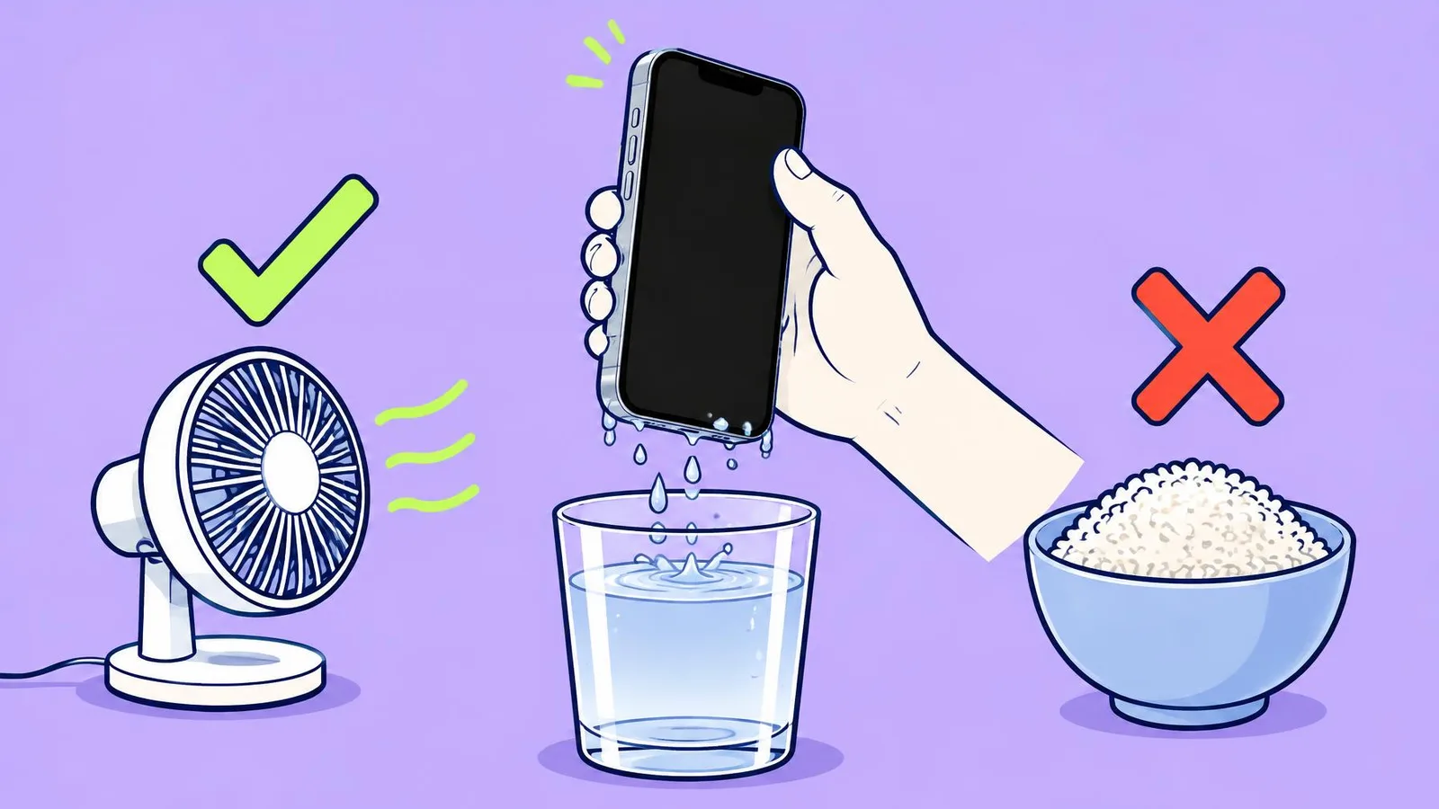 Illustration of a phone lifted out of a glass of water, with a tick next to a fan and a cross over a bowl of rice