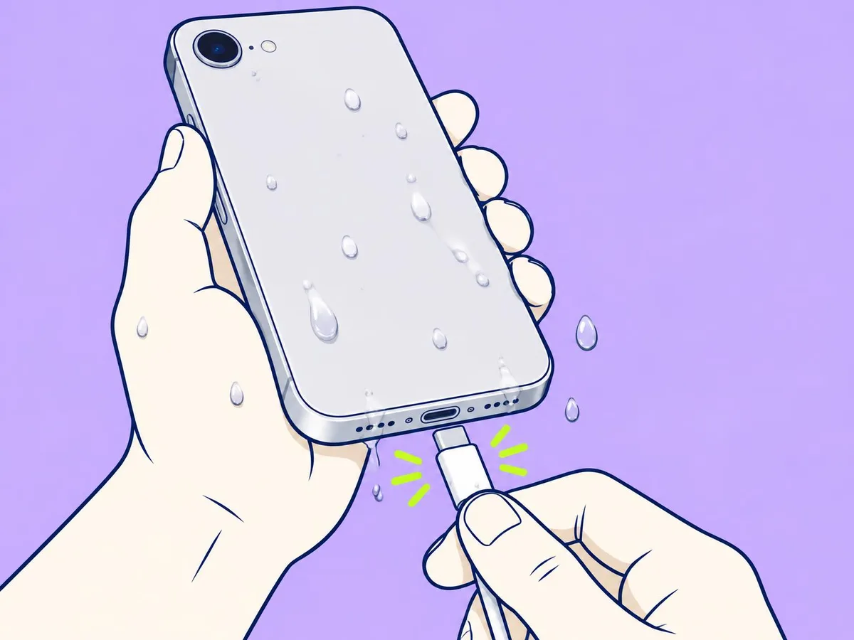 Illustration of a hand pulling the USB-C cable out of a wet iPhone