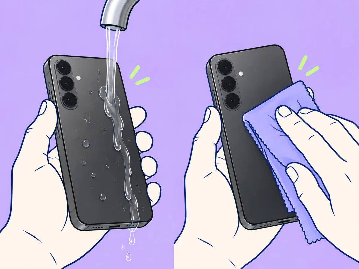 Illustration of a Galaxy phone held under a gently running tap, then wiped with a microfibre cloth