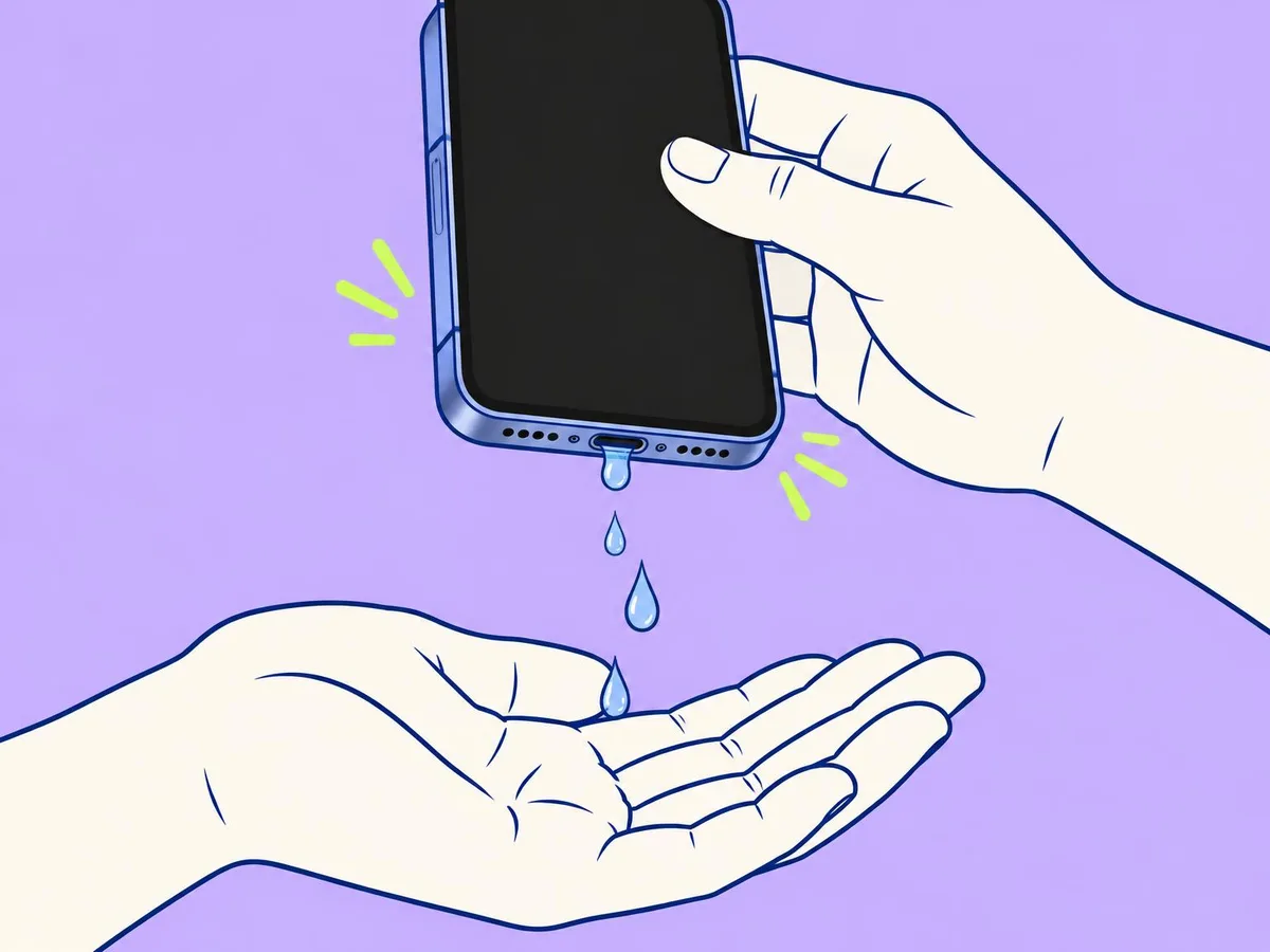 Illustration of a phone held with the charging port facing down over an open palm, drops falling out