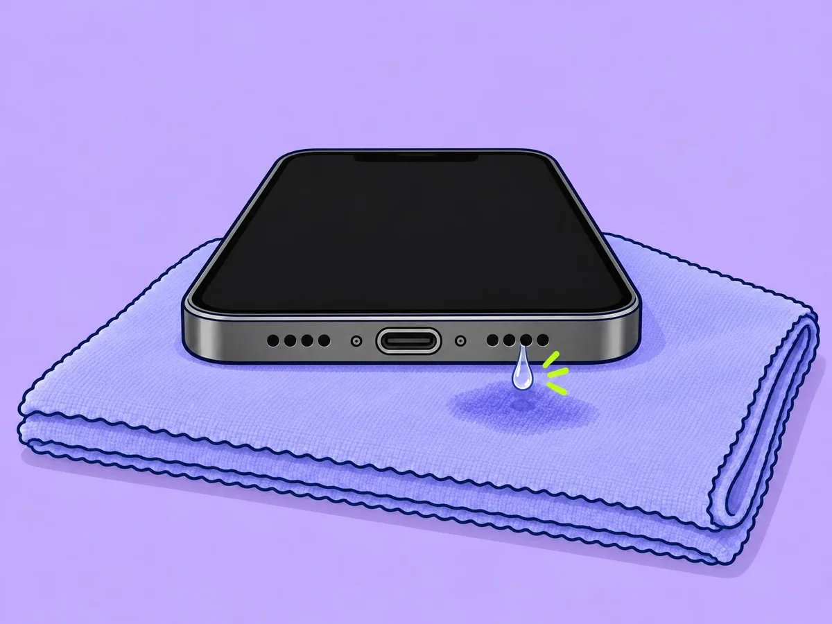 Illustration of an iPhone lying on a folded cloth, a drop of water coming out of the speaker grille on its bottom edge