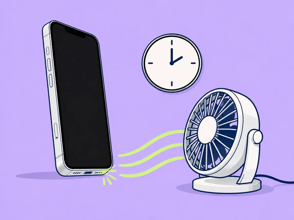 Illustration of an iPhone standing with its port towards a small desk fan, next to a clock