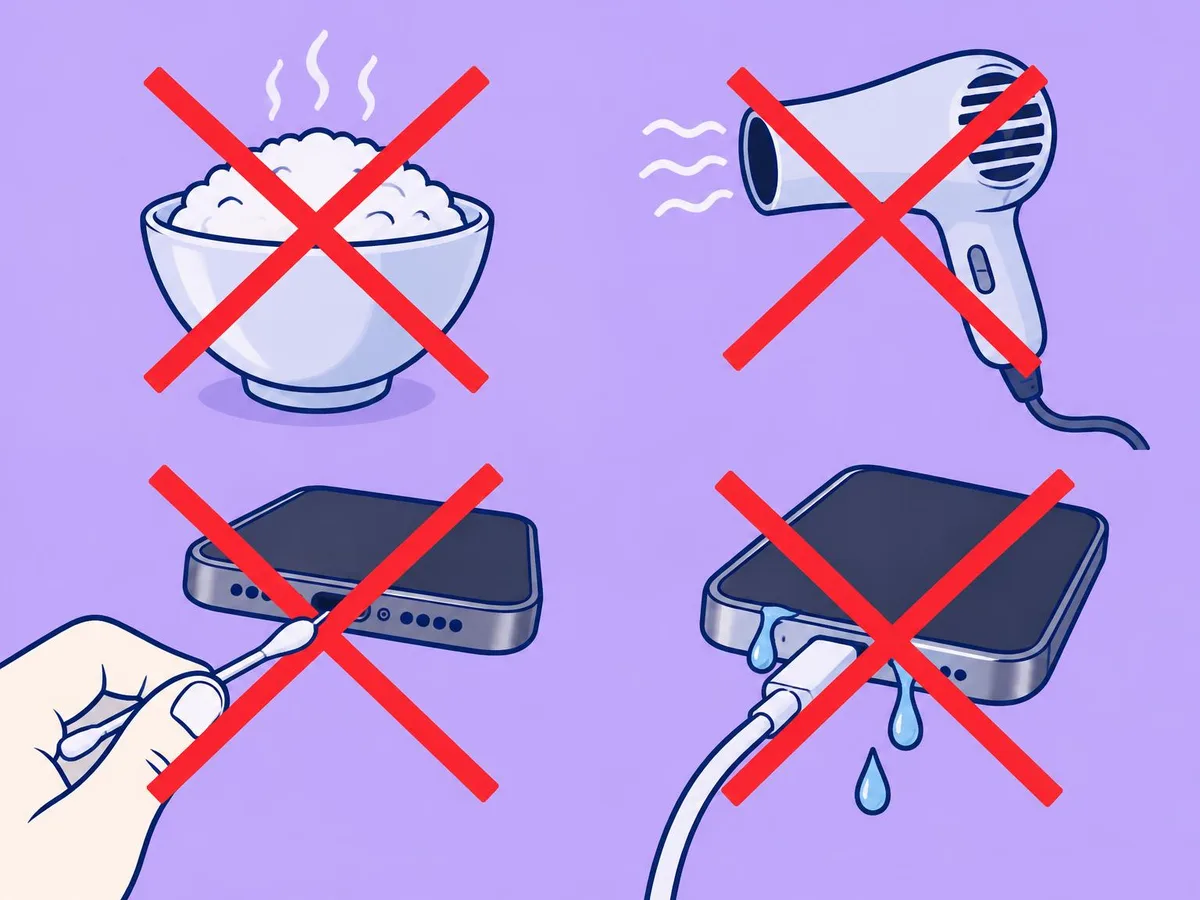 Illustration of four crossed-out things: a bowl of rice, a hair dryer, a swab at a charging port and a cable plugged into a dripping phone