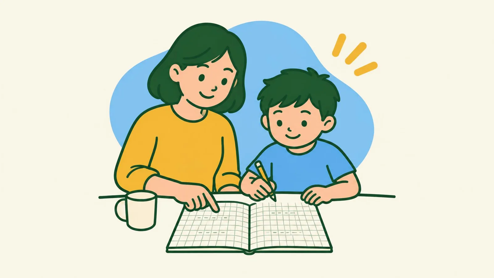 Illustration of a parent and a child sitting at a kitchen table over a squared exercise book