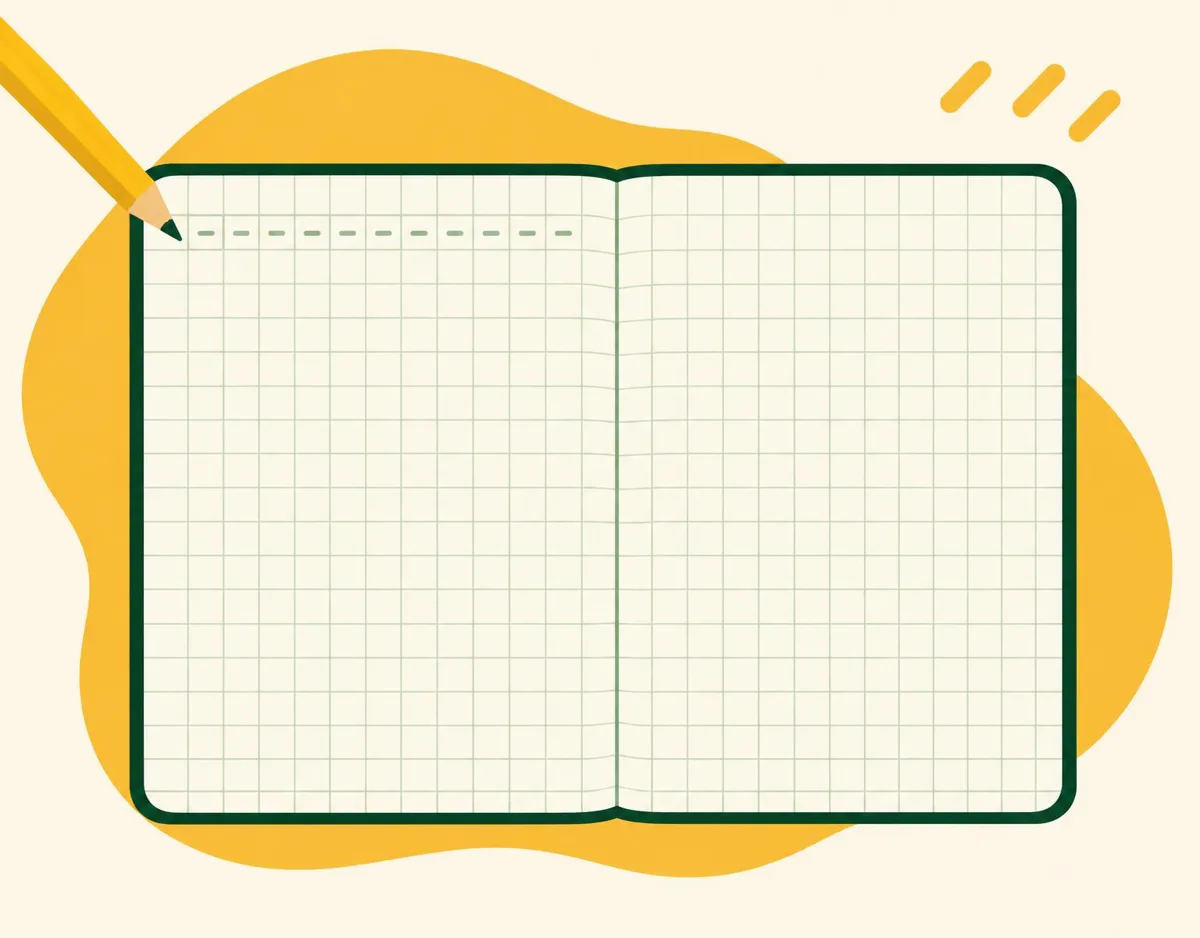 Illustration of a squared exercise book with a pencil pointing at the first box on the left