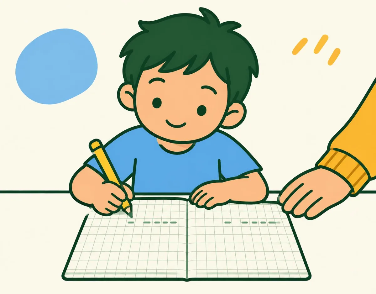 Illustration of a child writing in a squared exercise book with a parent's hand resting beside it