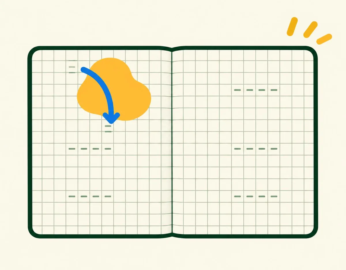 Illustration of a curved arrow bringing a box down one row in a squared exercise book