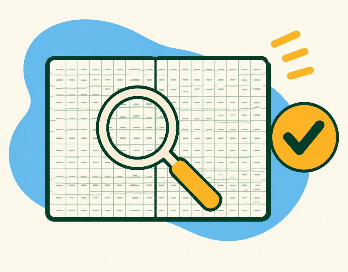 Illustration of a magnifying glass over a squared exercise book next to a big tick