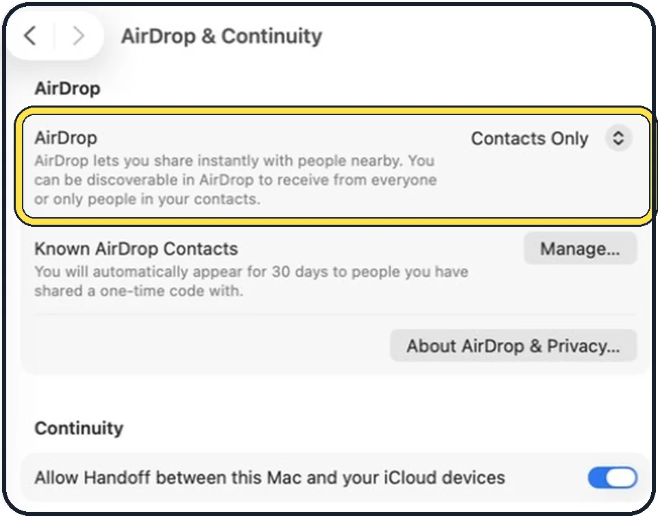Part of the Mac System Settings window: Set receiving to Everyone