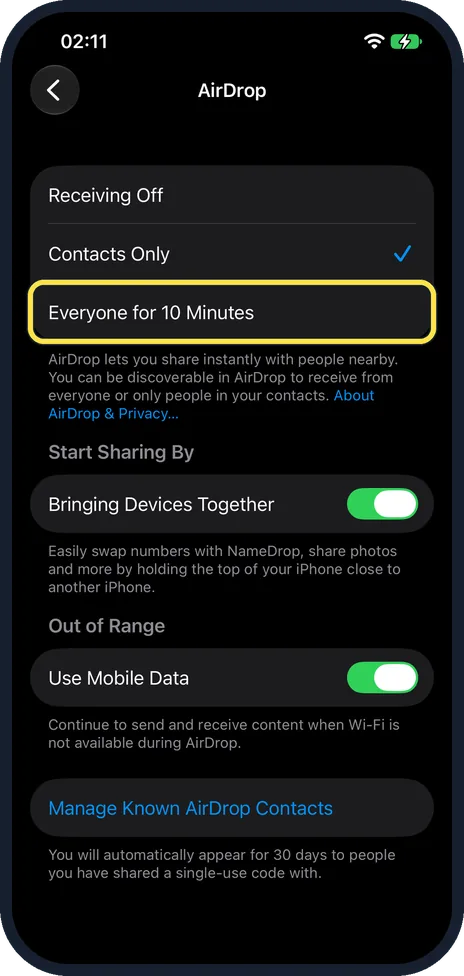 iPhone screen: Set receiving to Everyone for 10 Minutes
