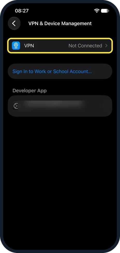 iPhone screen: Check for a VPN