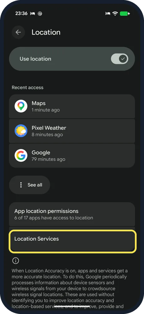 Android screenshot: Open Location Services