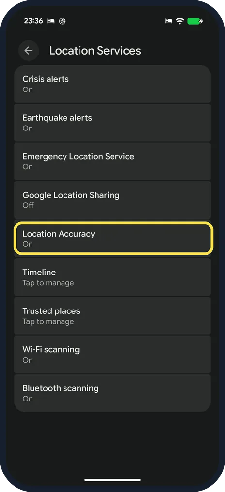 Android screenshot: Turn on Location Accuracy