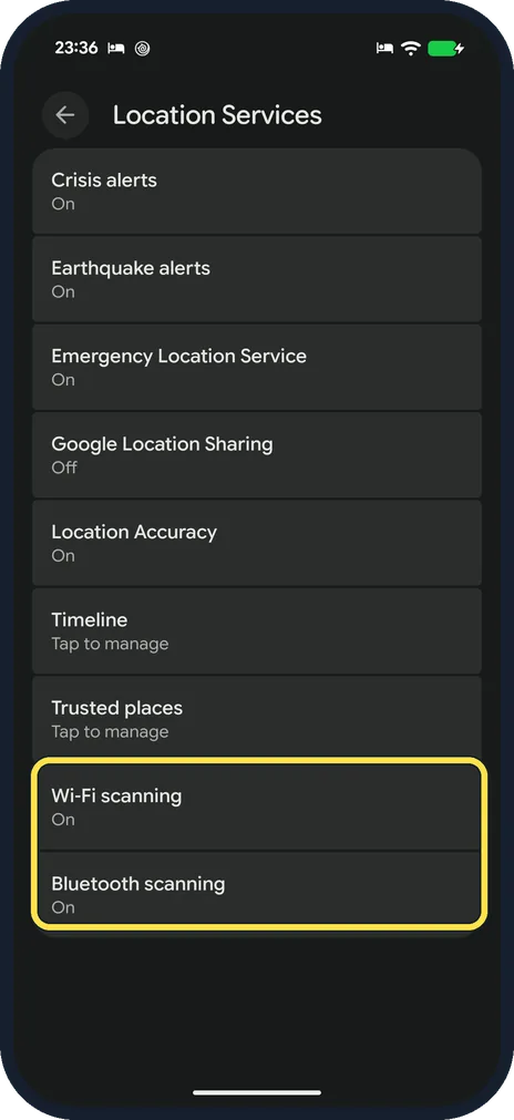 Android screenshot: Turn on Wi-Fi scanning and Bluetooth scanning