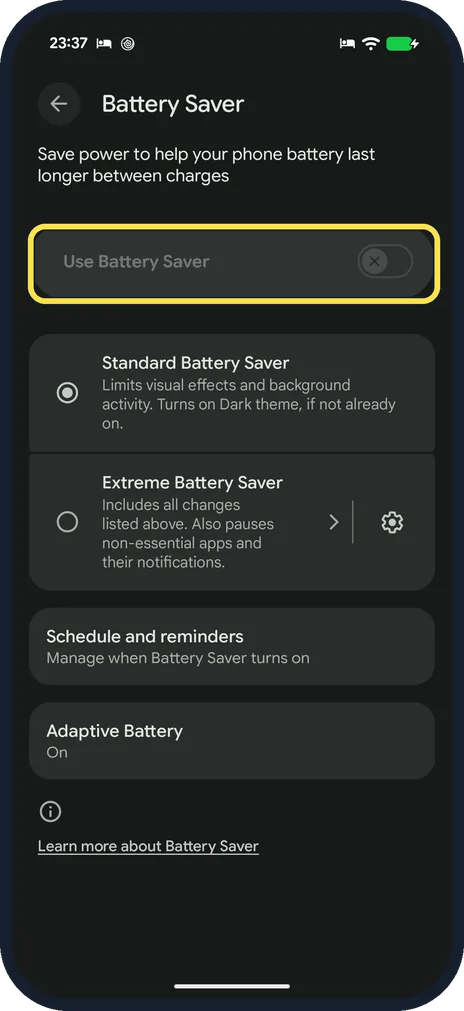 Android screenshot: Turn off Battery Saver