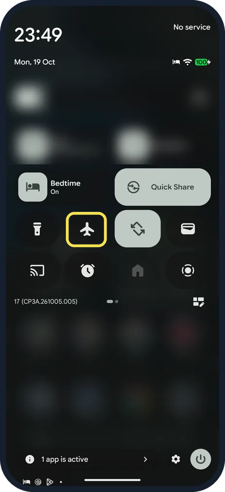 Android screenshot: Check aeroplane mode and mobile data