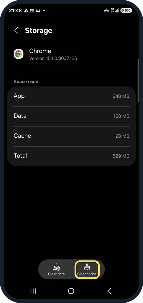 Android screenshot: Clear the app's cache