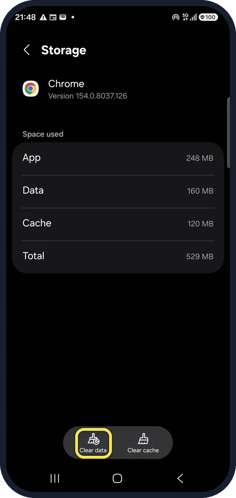 Android screenshot: Clear data only as a last step