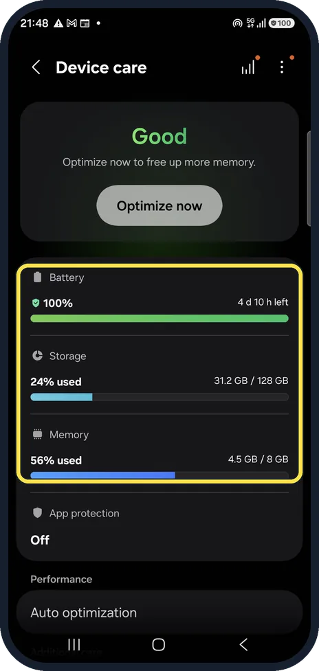 Android screenshot: Check storage and memory