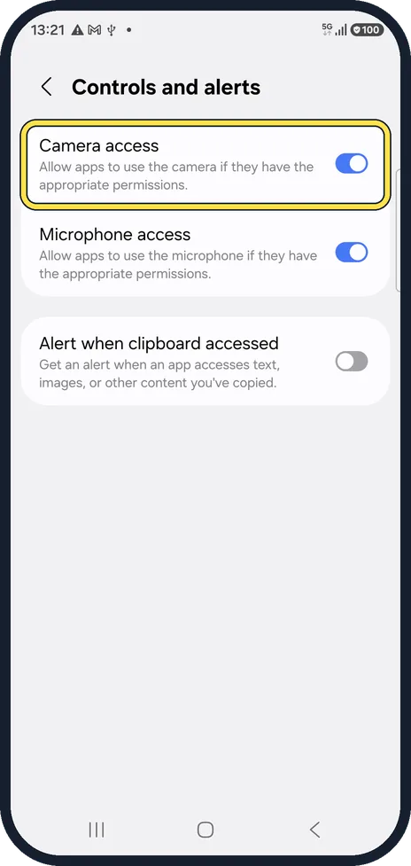 Android screenshot: Check Camera access