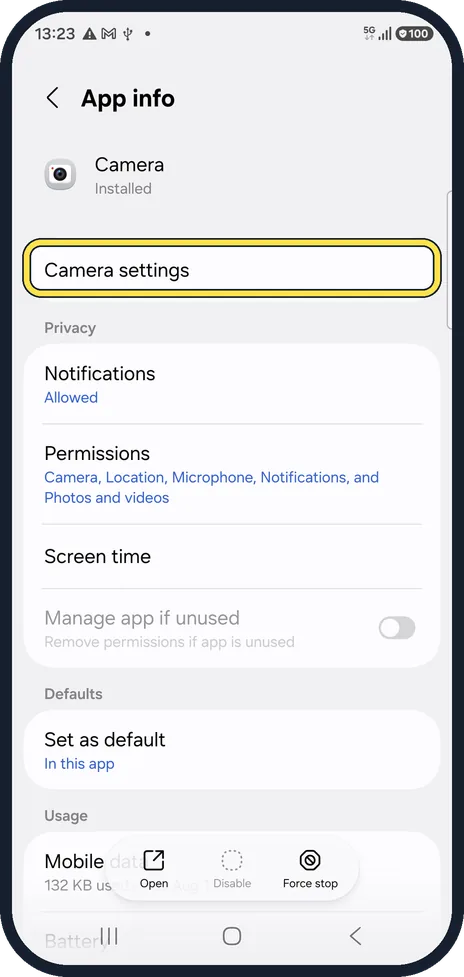 Android screenshot: Reset the camera settings