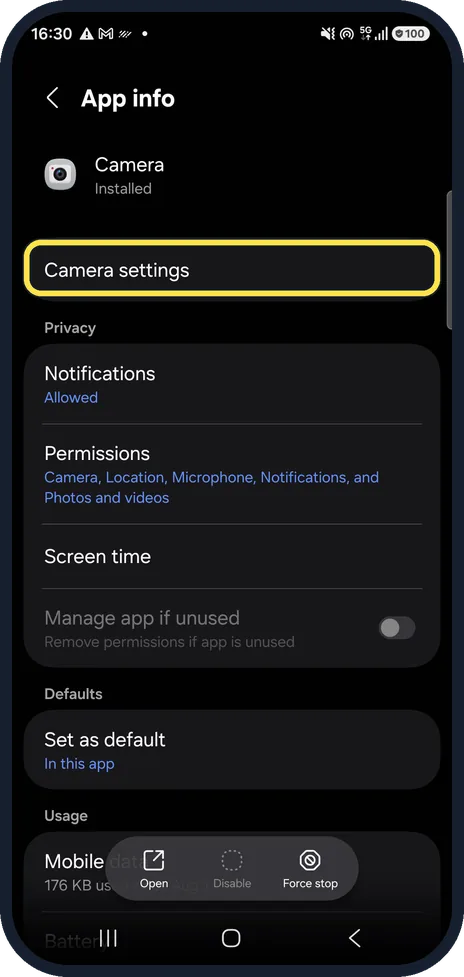 Android screenshot: Open Camera settings