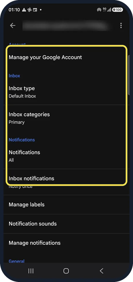 Android screenshot: Look in the account settings