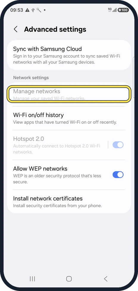 Android screenshot: Forget the network and join again