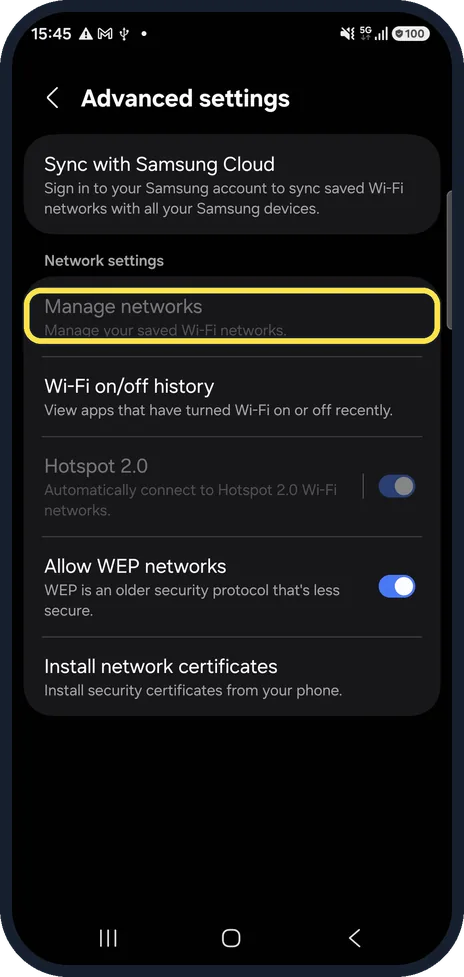 Android screenshot: Forget the network and join again