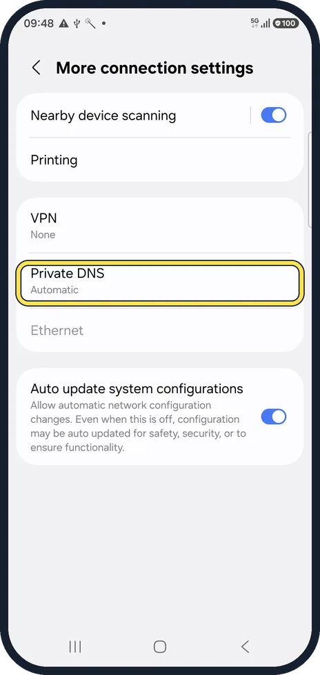 Android screenshot: Open Private DNS