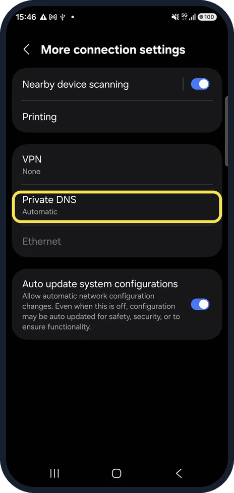 Android screenshot: Open Private DNS