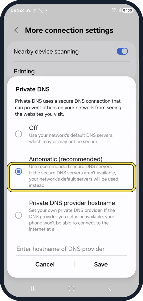 Android screenshot: Choose Automatic, not a custom provider