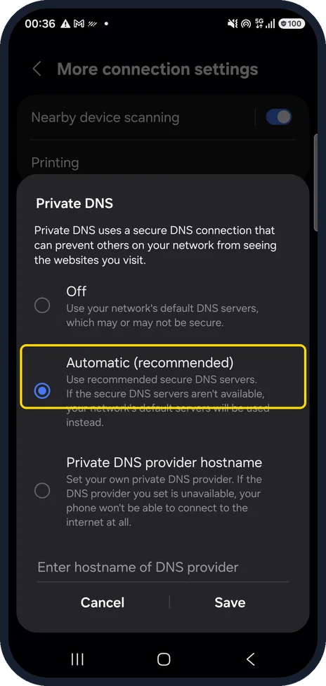 Android screenshot: Choose Automatic (recommended)