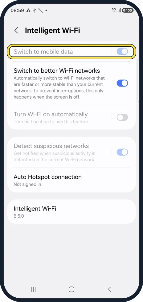 Android screenshot: Check Switch to mobile data