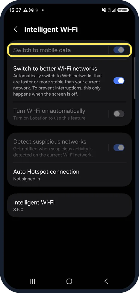 Android screenshot: Check Switch to mobile data