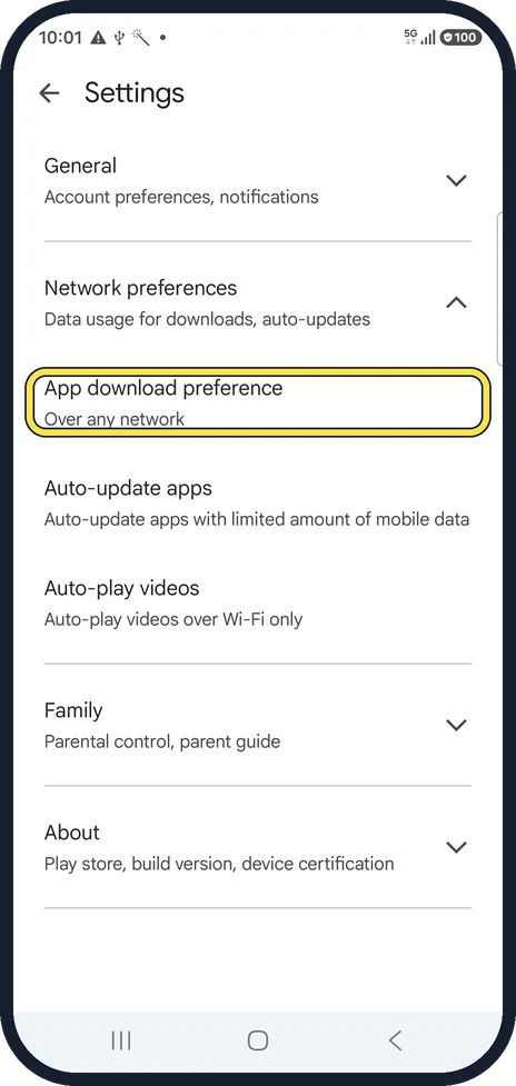 Android screenshot: Check the App download preference