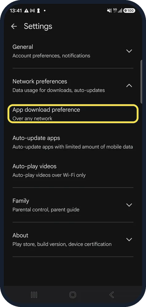Android screenshot: Check the App download preference