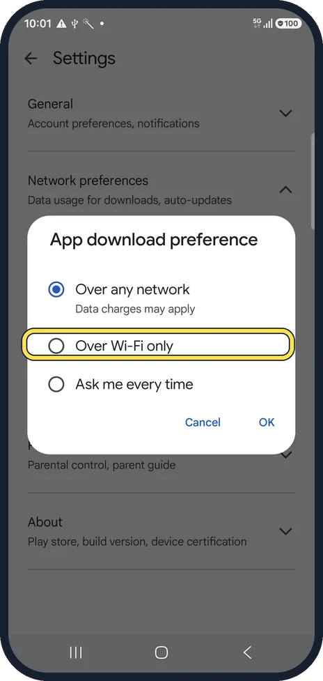 Android screenshot: Choose when to download