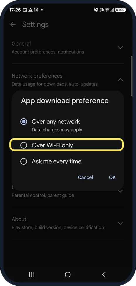 Android screenshot: Choose when to download