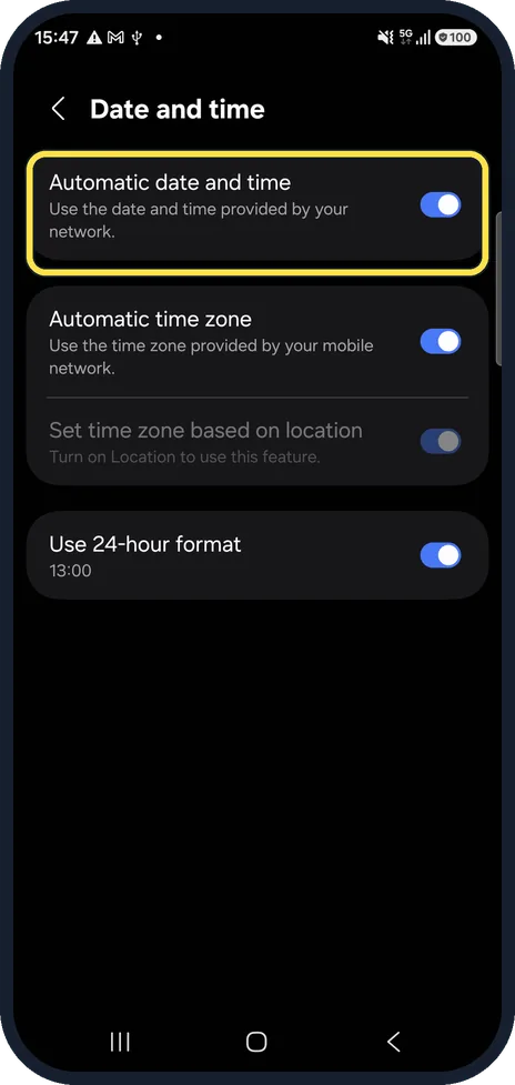 Android screenshot: Set the date and time automatically