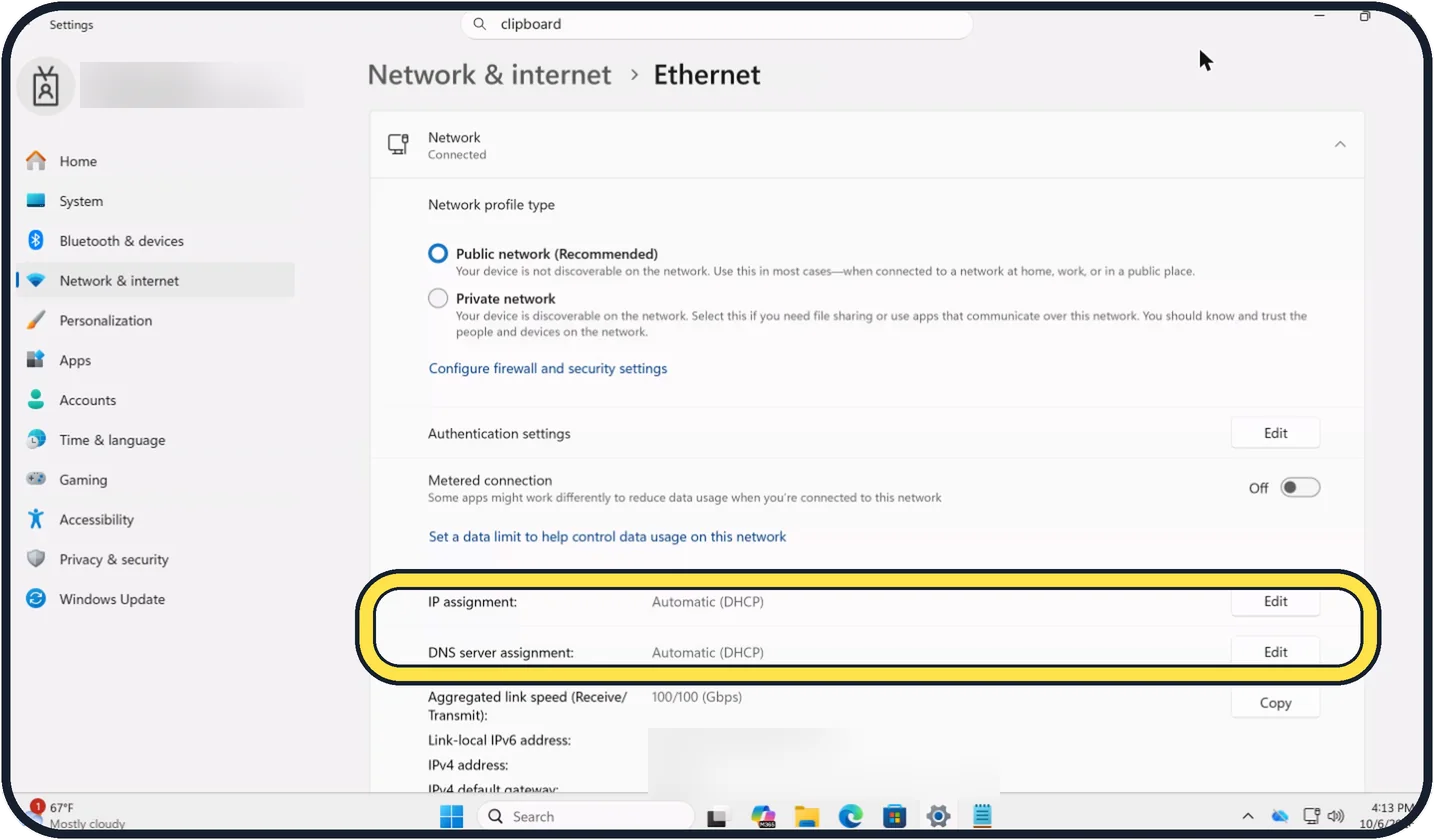 Windows screenshot: Open the Ethernet details