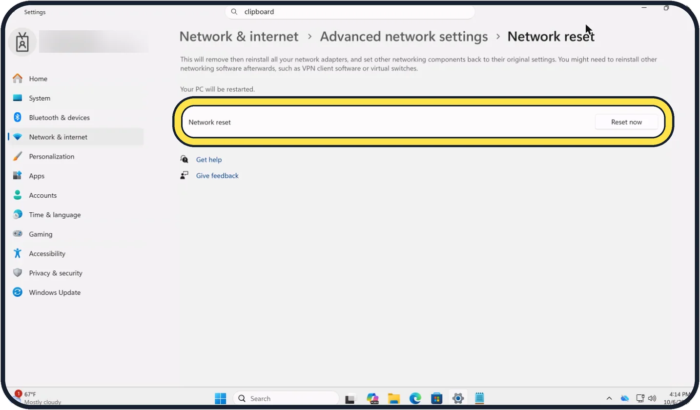 Windows screenshot: Last step: network reset